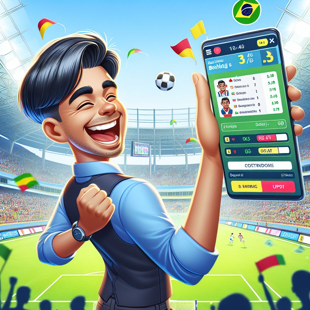 Cartoon sports fan holding a phone with live odds and a football match in the background