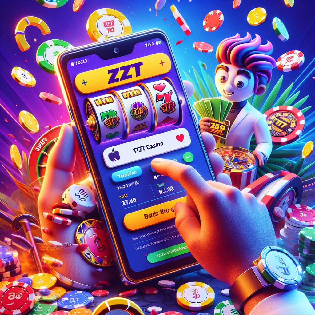 ZTZT Casino themed cartoon character with chips, coins, and a mobile phone in a Brazil-inspired casino scene