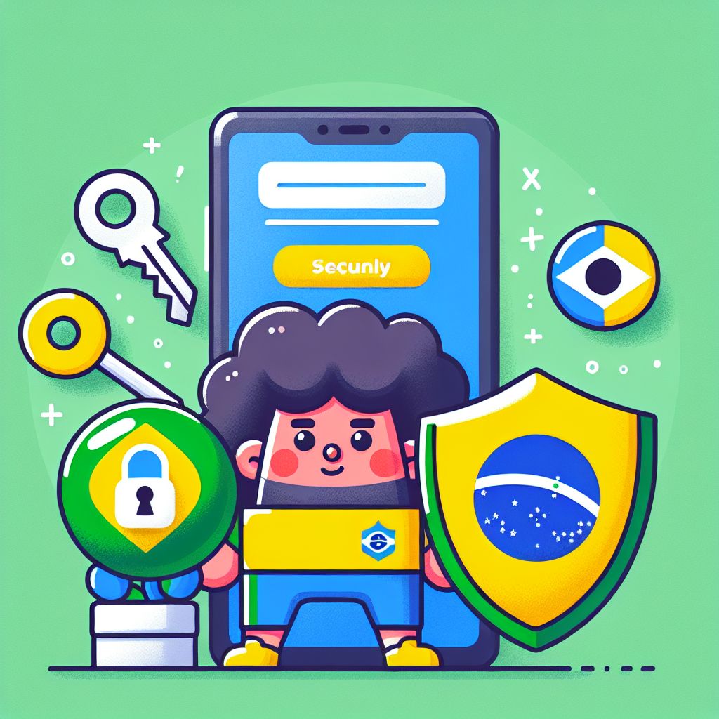 Cartoon character holding a phone with a login screen and a shield icon, Brazil-themed colors
