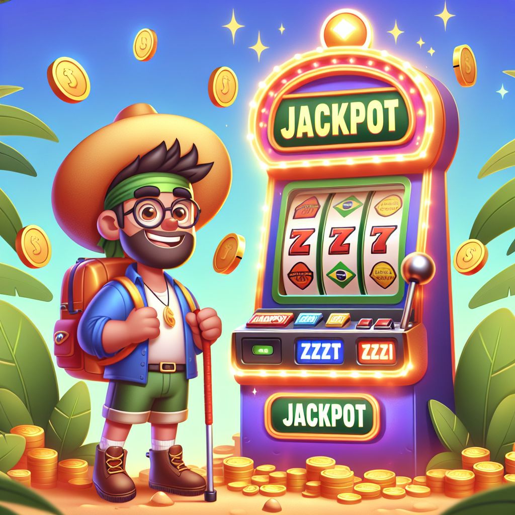 Cartoon slot explorer character holding a lucky charm with spinning reels and coins in a Brazil-themed palette
