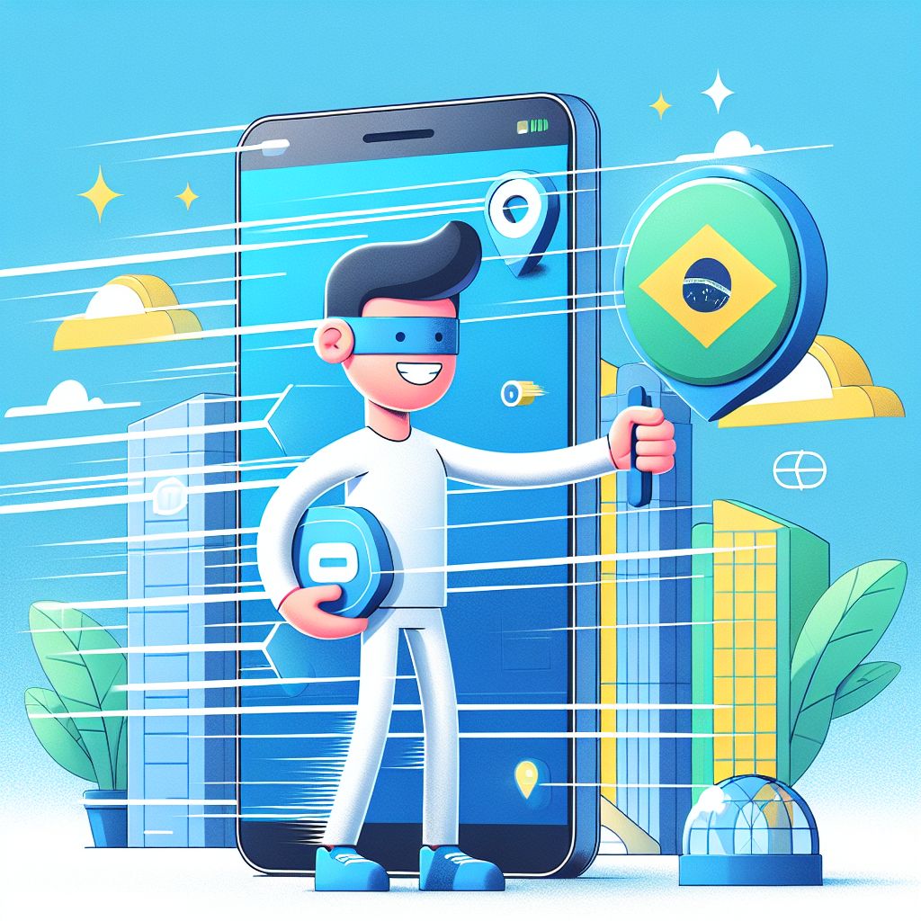 Cartoon character holding a smartphone with ZTZT app interface elements and Brazil-inspired colors